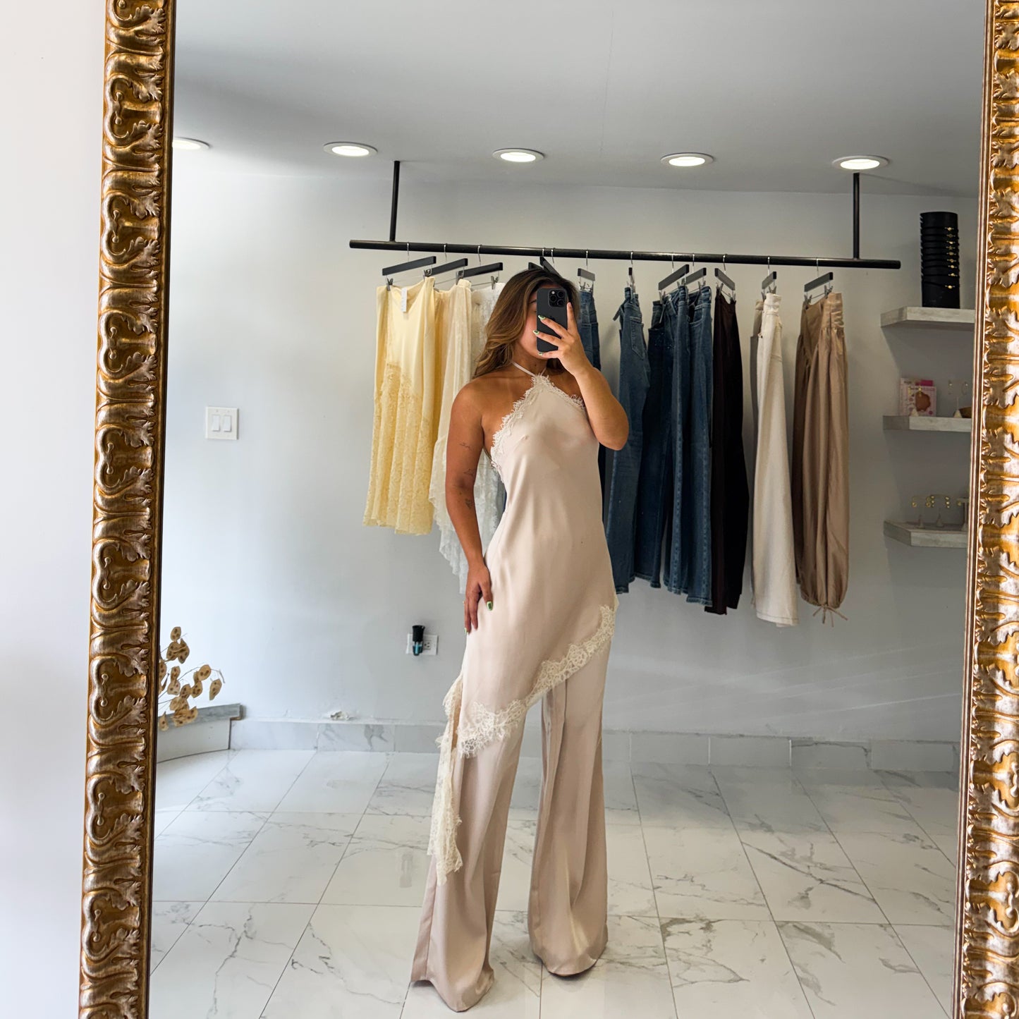 SATIN LACE HALTER JUMPSUIT