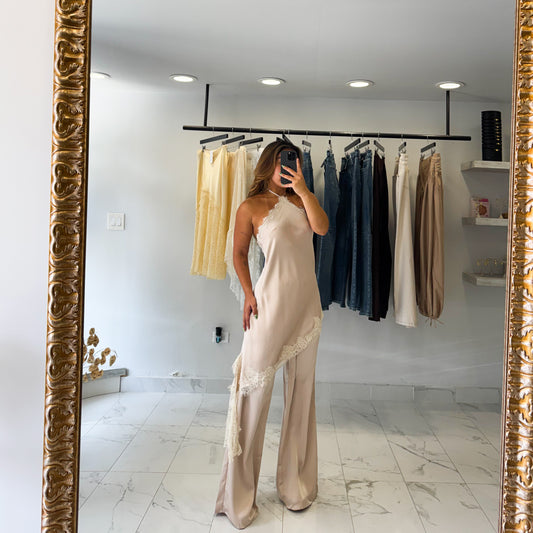 SATIN LACE HALTER JUMPSUIT