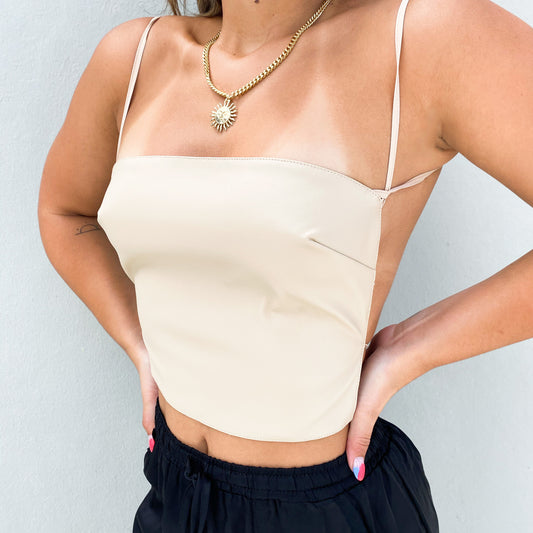LEATHER TAUPE CROP TOP