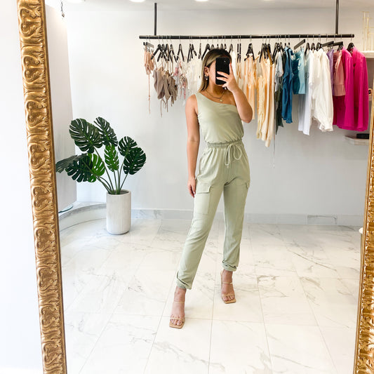 ONE SHOULDER SAGE JUMPSUIT